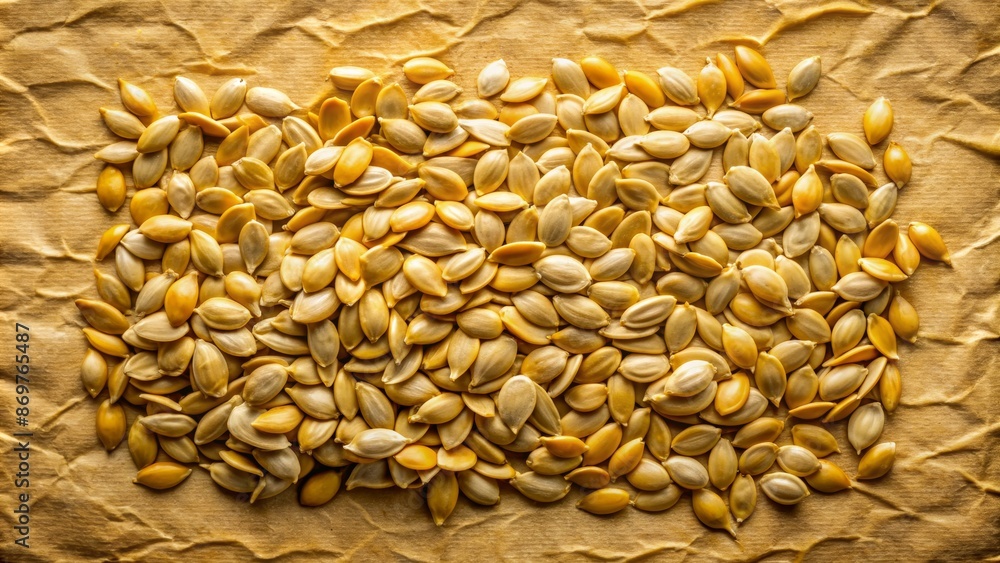 Textured paper background with symmetrical arrangement of pumpkin seeds, copy space Textured paper background with symmetrical arrangement of pumpkin seeds, copy space
