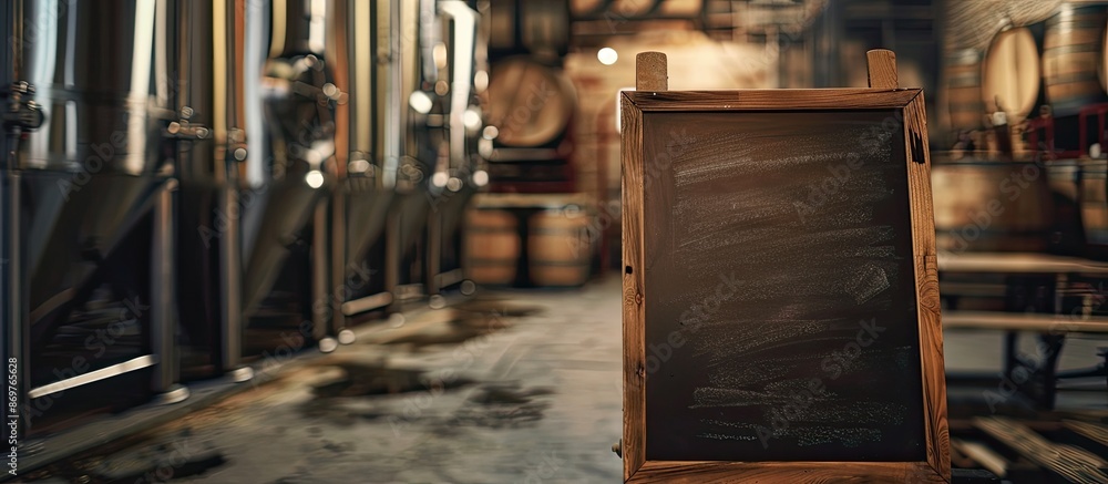A chalkboard mounted on a wooden frame stands before a brewery vat, displaying a blank area for your copy space image. A chalkboard mounted on a wooden frame stands before a brewery vat, displaying a blank area for your copy space image.
