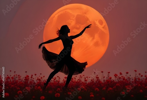 A silhouette of a woman dancing in a field of red flowers against a large orange moon © Lied