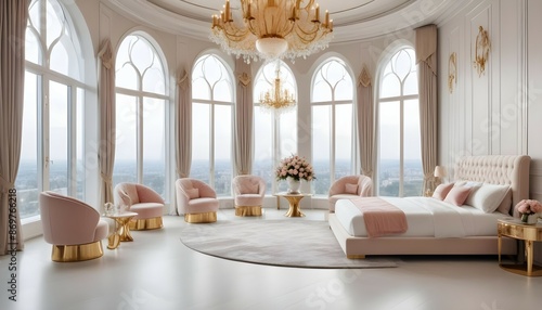 large upscale futuristic bedroom. bright monochrome furnishings large round windows. gold chandiler. flowers in vases.