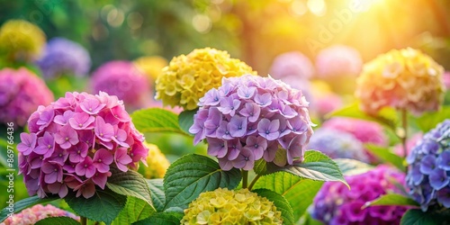 Vibrant Hydrangea Blooms in Sunlight - Close-up of Purple and Pink Flowers