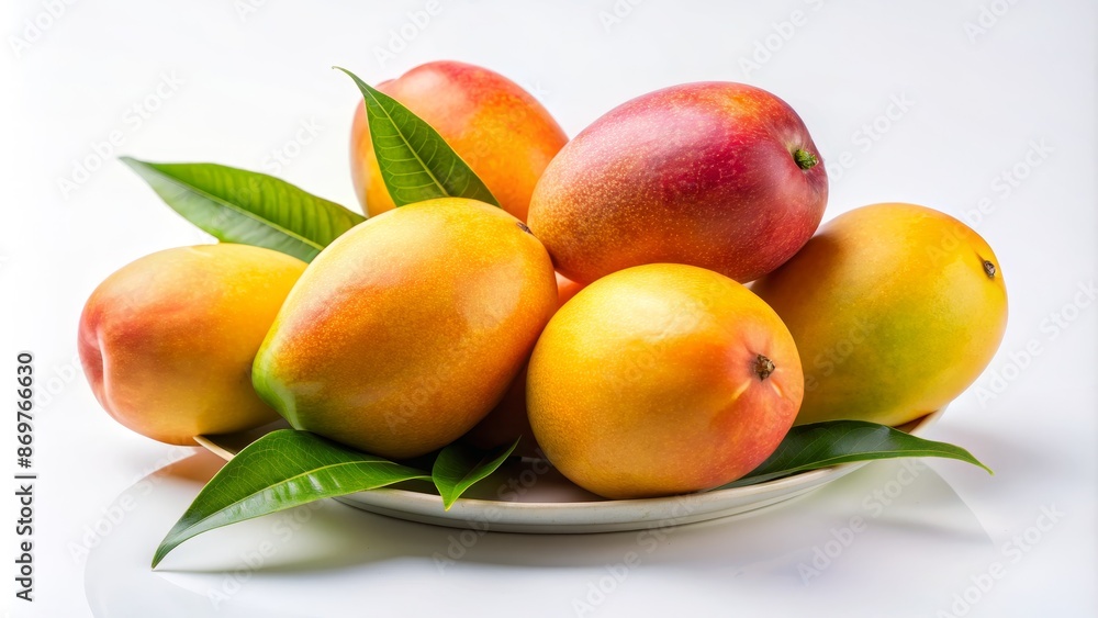 Vibrant, isolated mangos arranged artistically on a pristine white background with ample negative space, perfect for design concepts. fruit, tropical, still life, food, nutrition Vibrant, isolated mangos arranged artistically on a pristine white background with ample negative space, perfect for design concepts. fruit, tropical, still life, food, nutrition