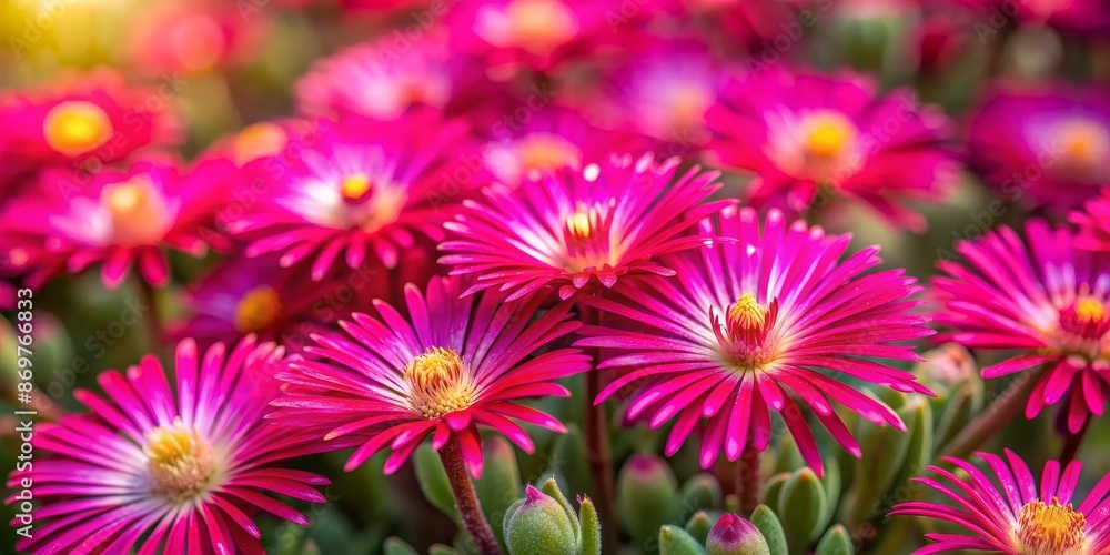 Obraz premium Vibrant summer blooms Desert Jewel Series Ruby Ice Plant in full bloom, perfect for creative banners and designs ,delicate, colorful, succulents, hardy, summer