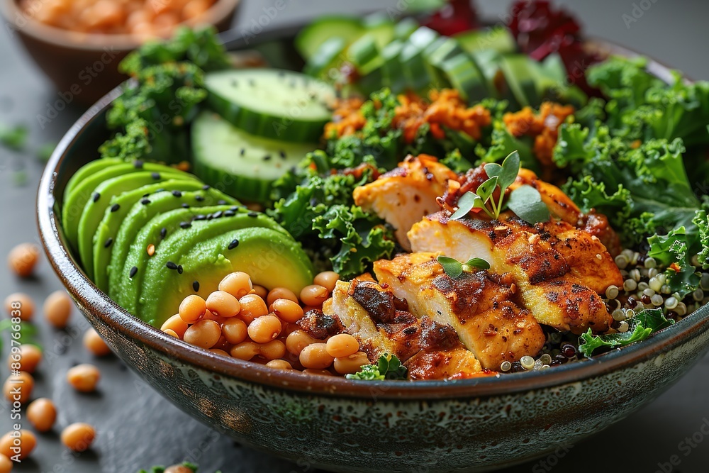 Vibrant, fresh food bowl with quinoa, chicken slices, avocado and cucumber slices, kale leaves, spelt beans, on a white background