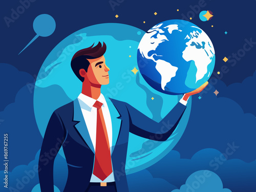 A businessman holding a glowing globe representing global success