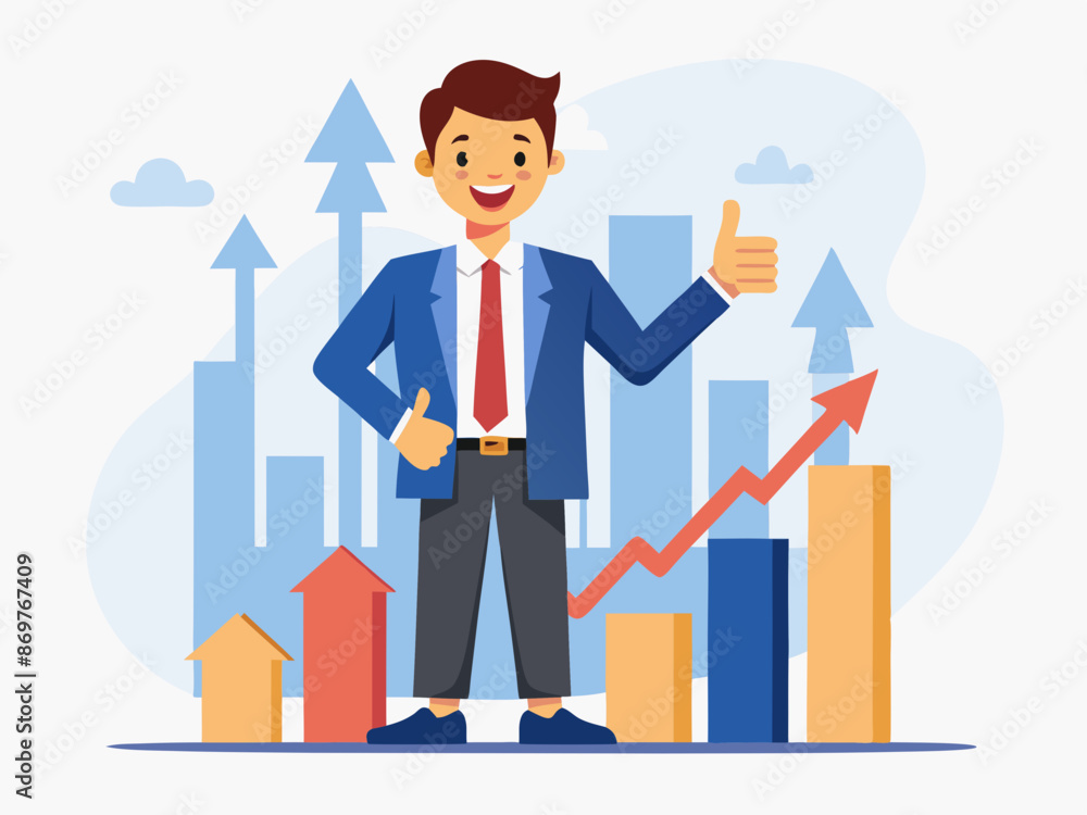 A businessman giving a thumbs-up next to a rising graph