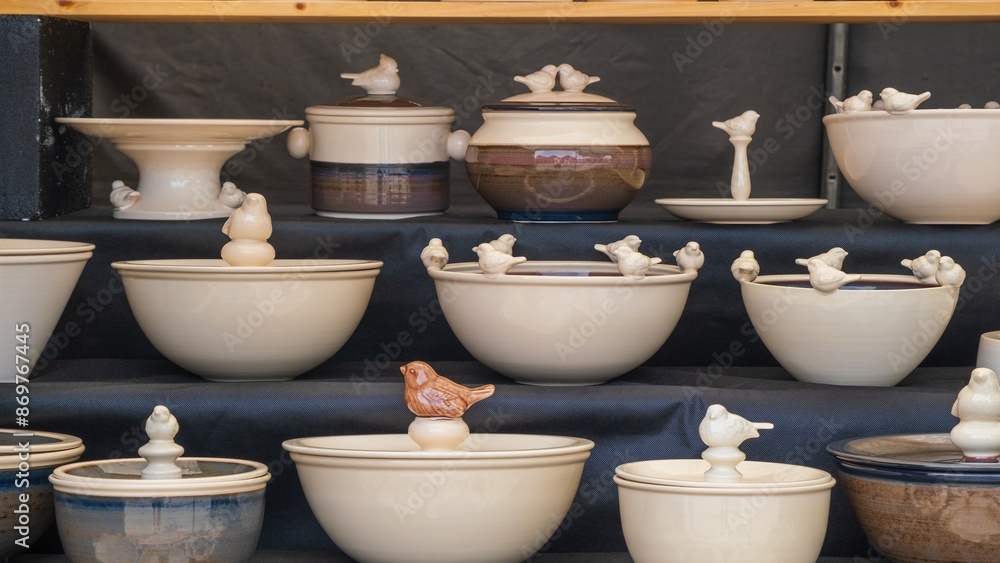 Ceramic Bowls and Pots with Bird Decorations Ceramic Bowls and Pots with Bird Decorations