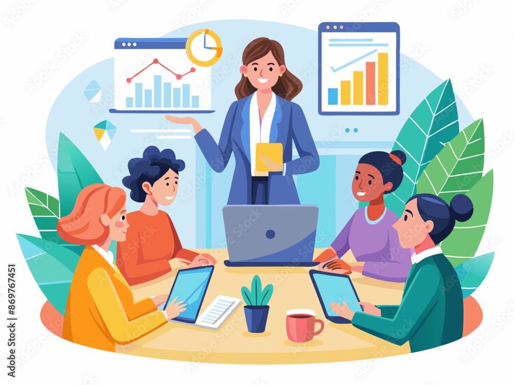 A businesswoman leading a team meeting with a graph on the screen A businesswoman leading a team meeting with a graph on the screen