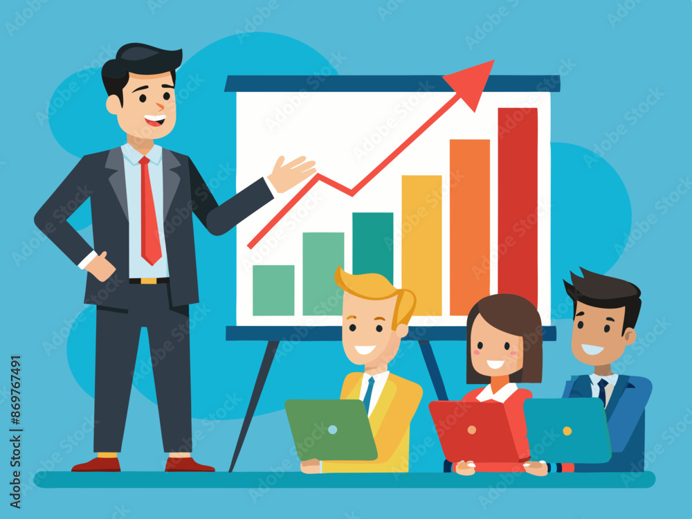 A businessman giving a presentation with a rising bar graph A businessman giving a presentation with a rising bar graph