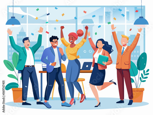 A team celebrating with confetti in an office