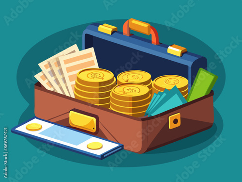 A briefcase filled with gold coins and important documents