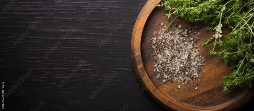 Top view of a round wooden plate with herbs and salt displayed on a dark wooden background, with room for text or other elements in the copy space image. Top view of a round wooden plate with herbs and salt displayed on a dark wooden background, with room for text or other elements in the copy space image.