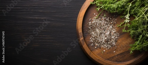 Top view of a round wooden plate with herbs and salt displayed on a dark wooden background, with room for text or other elements in the copy space image.