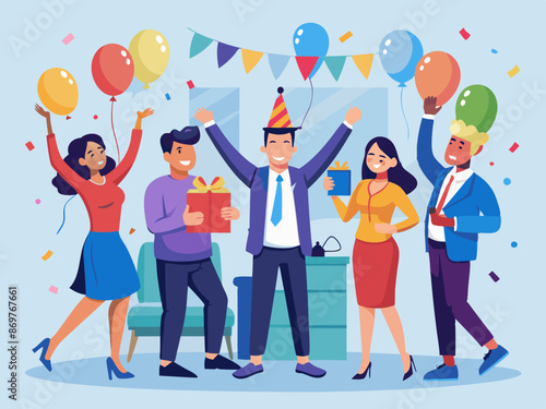 Employees celebrating a milestone with a small office party