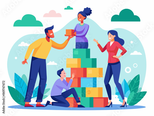 A team-building exercise with coworkers building a tower from blocks