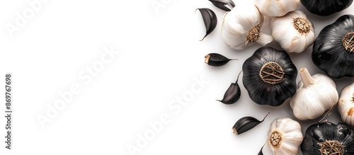 Black garlic frame on a white backdrop with copy space image. photo