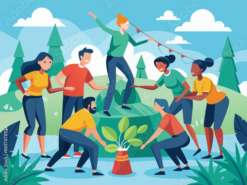 Employees participating in a team-building outdoor challenge