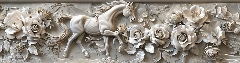 Beautiful horse 3d relief wallpaper. Mural wallpaper. Wall art. AI generated illustration. Beautiful horse 3d relief wallpaper. Mural wallpaper. Wall art. AI generated illustration.
