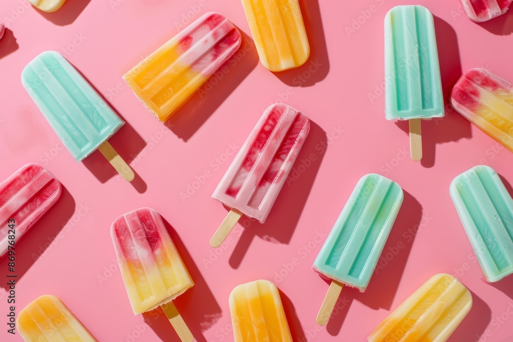 Artistic Arrangement of Vibrant Popsicles on Pastel Background for Summer Designs Artistic Arrangement of Vibrant Popsicles on Pastel Background for Summer Designs