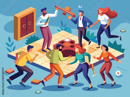 Employees participating in a team-building escape room