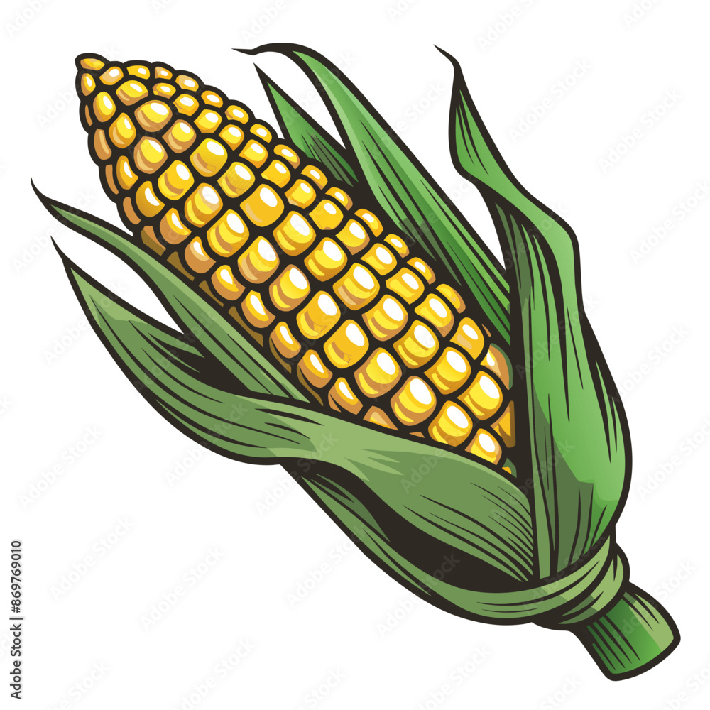 Obraz premium Vibrant, detailed illustration of a fresh corn cob with golden kernels enveloped by green husks, suggesting themes of agriculture, organic produce, and healthy food