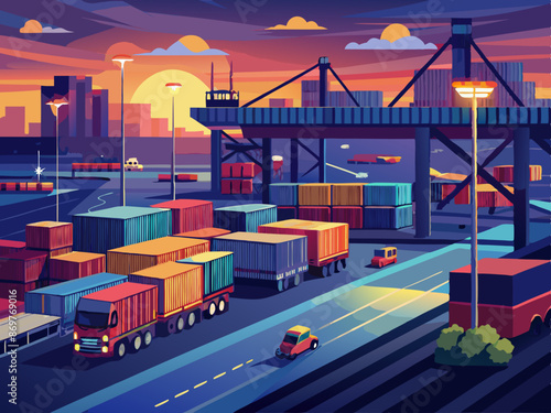 A cargo terminal at dusk, with lights illuminating the area