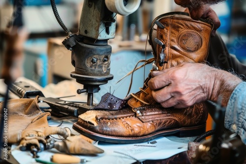 A cobbler repairing a worn leather boot with a stitching machine and traditional tools. photo