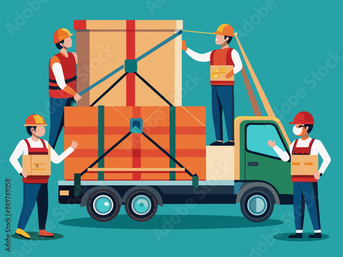 Workers securing cargo with straps inside a truck