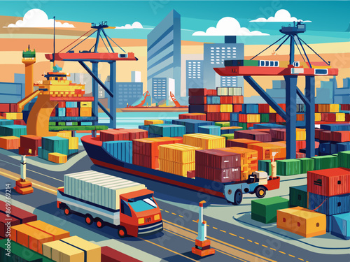 A large shipyard with containers and machinery