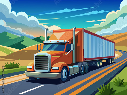 A semi-truck loaded with cargo driving on a highway