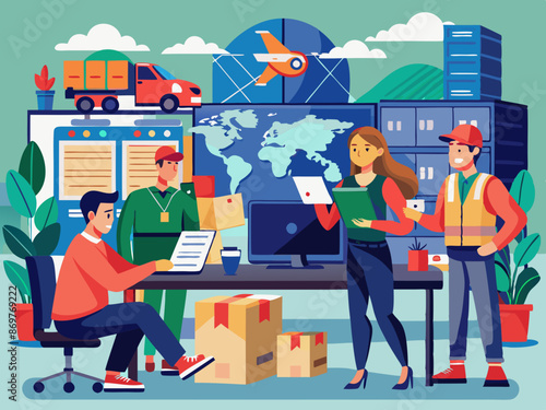 A logistics team planning cargo routes in an office