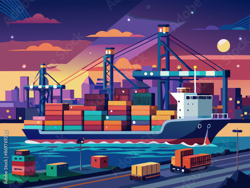 An evening scene of a cargo ship being loaded at port