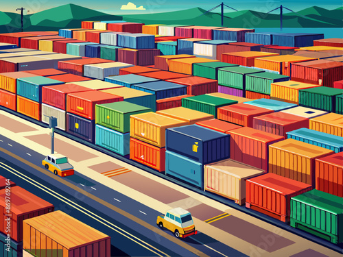 A cargo container yard with rows of stacked containers