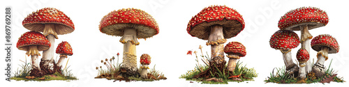 Red white toadstools different sizes on transparent background, rural countryside ground parkland