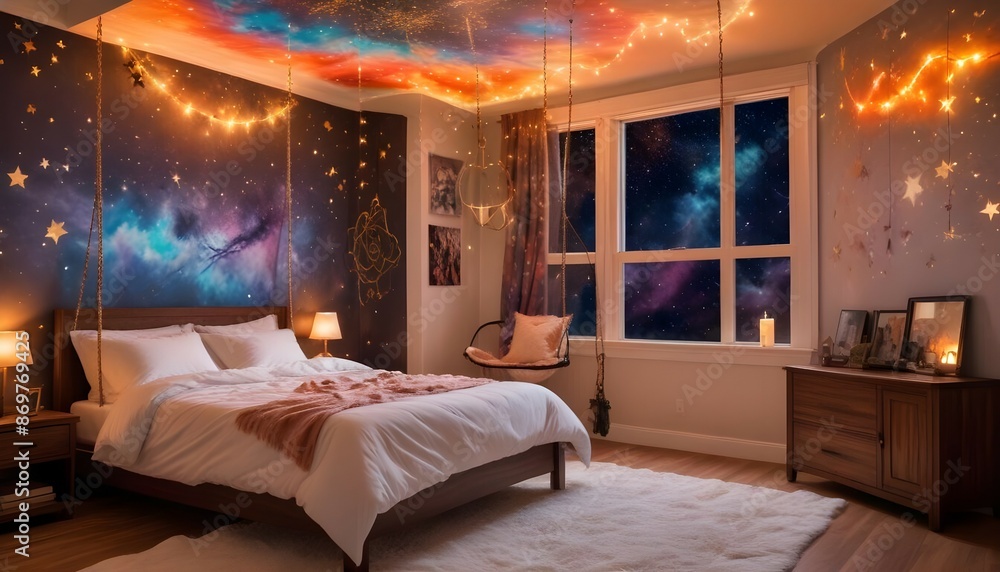 cute bedroom, dark wood, night star sky celing window, fluffy rug big bed, tye dye graffiti, swing cute bedroom, dark wood, night star sky celing window, fluffy rug big bed, tye dye graffiti, swing