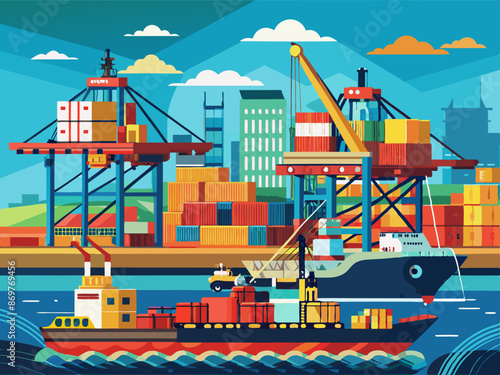 A port with cranes loading and unloading cargo ships