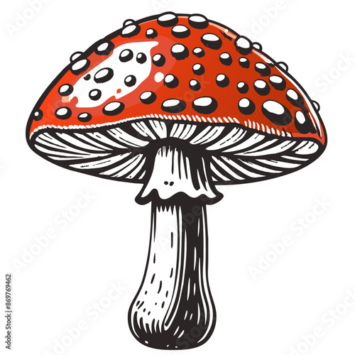 Hand-drawn illustration of a vibrant red and white spotted fly agaric mushroom, also known as amanita muscaria, known for its iconic appearance and psychedelic properties