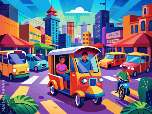 A vibrant tuk-tuk navigating through crowded city streets