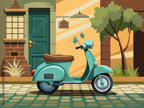 A stylish moped parked on a cobblestone street
