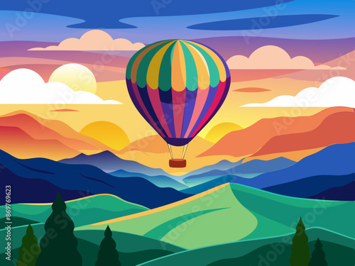 A colorful hot air balloon floating over rolling hills at sunrise