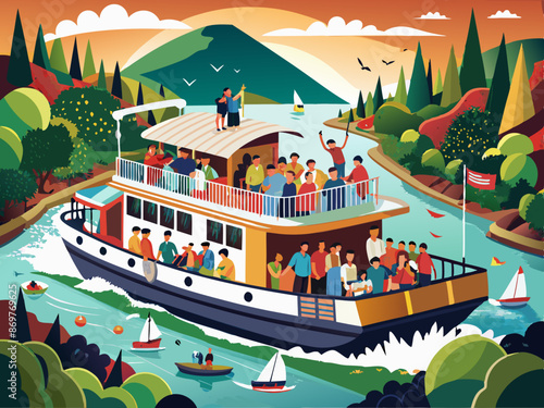 A crowded ferryboat transporting passengers across a river