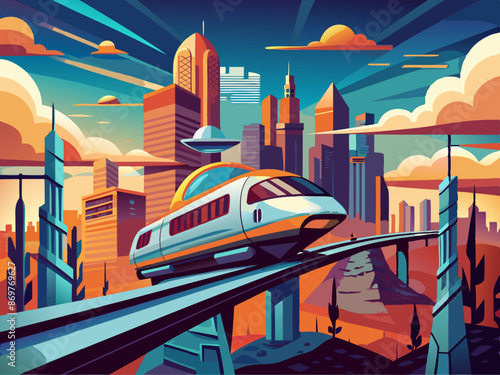 A futuristic monorail traveling above a city