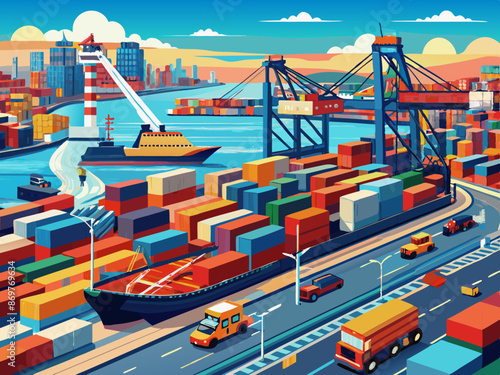 A busy shipping port with massive cargo ships and cranes