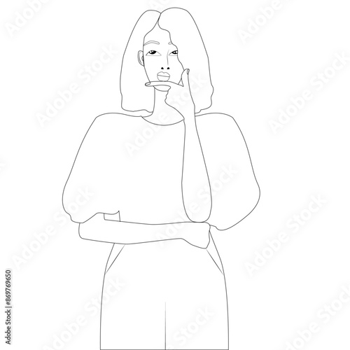 illustration jeune femme en pleine réflexion vecteur traits lignes