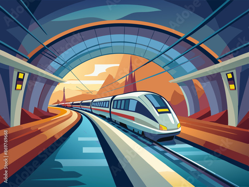 A sleek subway train speeding through an underground tunnel