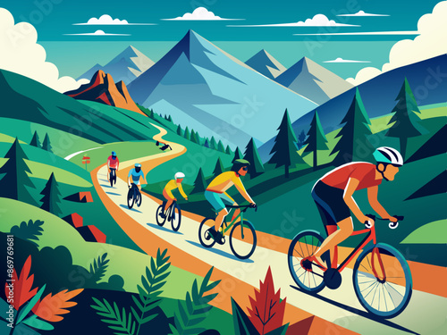 A group of cyclists racing on a mountain trail