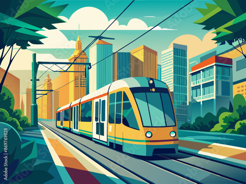 A sleek tram gliding along a city street