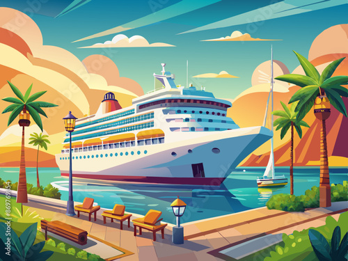 A luxurious cruise ship docked at a port