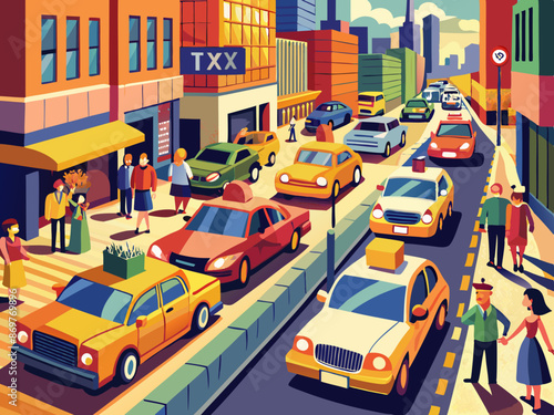 A busy taxi queue in a downtown area