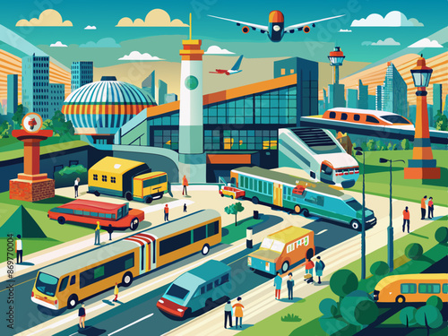 A bustling terminal with various modes of transport